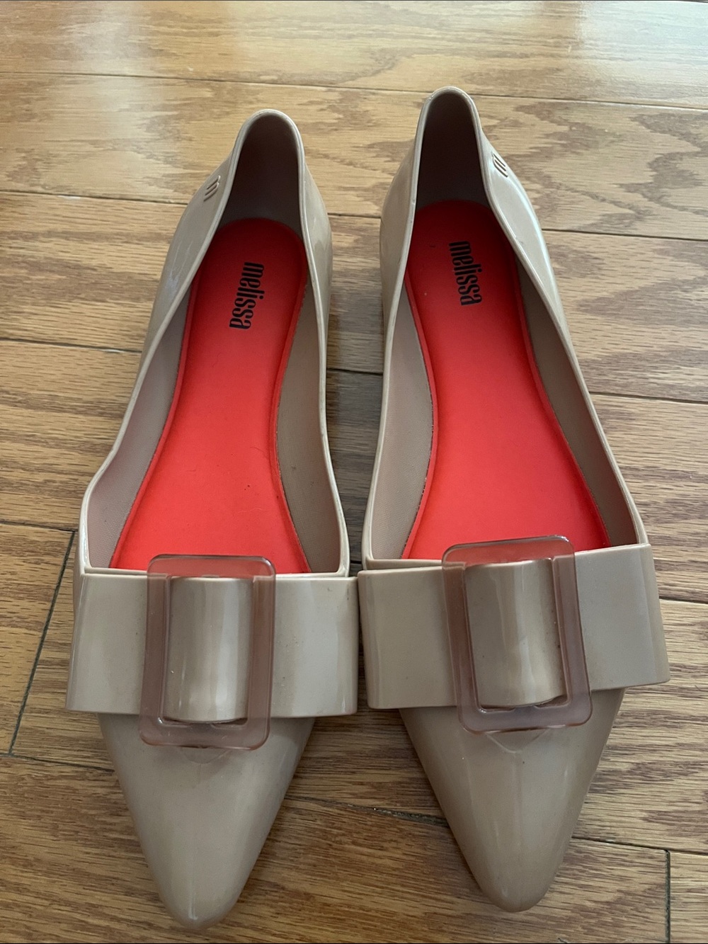 Melissa Beige Pointed Toe Flats with Decorative Buckle and Red Insole